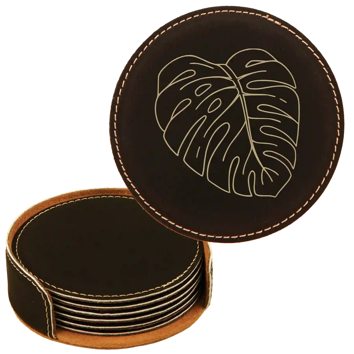 Monstera Leaf Round Leatherette Coasters Set of 6 - Black Gold