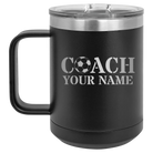 Personalized black 15 oz vacuum insulated coffee mug with 'Soccer Coach' design