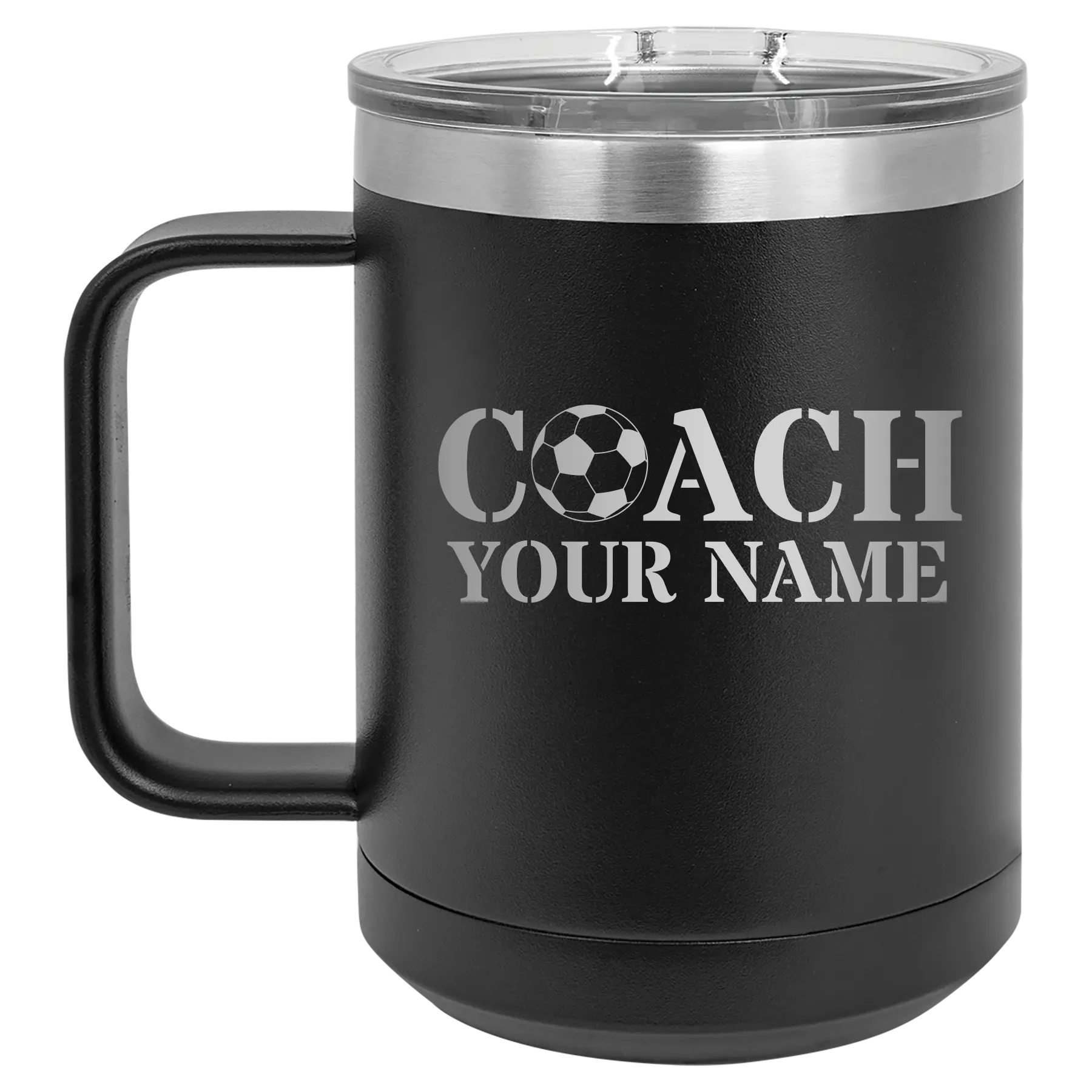 Personalized black 15 oz vacuum insulated coffee mug with 'Soccer Coach' design