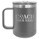 Personalized dark gray 15 oz vacuum insulated coffee mug with 'Soccer Coach' design