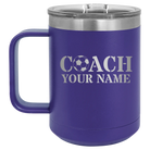 Personalized purple 15 oz vacuum insulated coffee mug with 'Soccer Coach' design