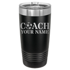 Personalized black 20 oz vacuum insulated tumbler with 'Soccer Coach' design