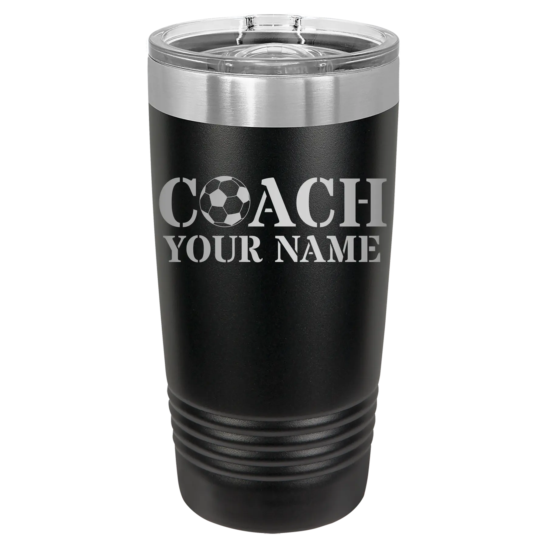 Personalized black 20 oz vacuum insulated tumbler with 'Soccer Coach' design