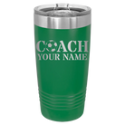Personalized green 20 oz vacuum insulated tumbler with 'Soccer Coach' design