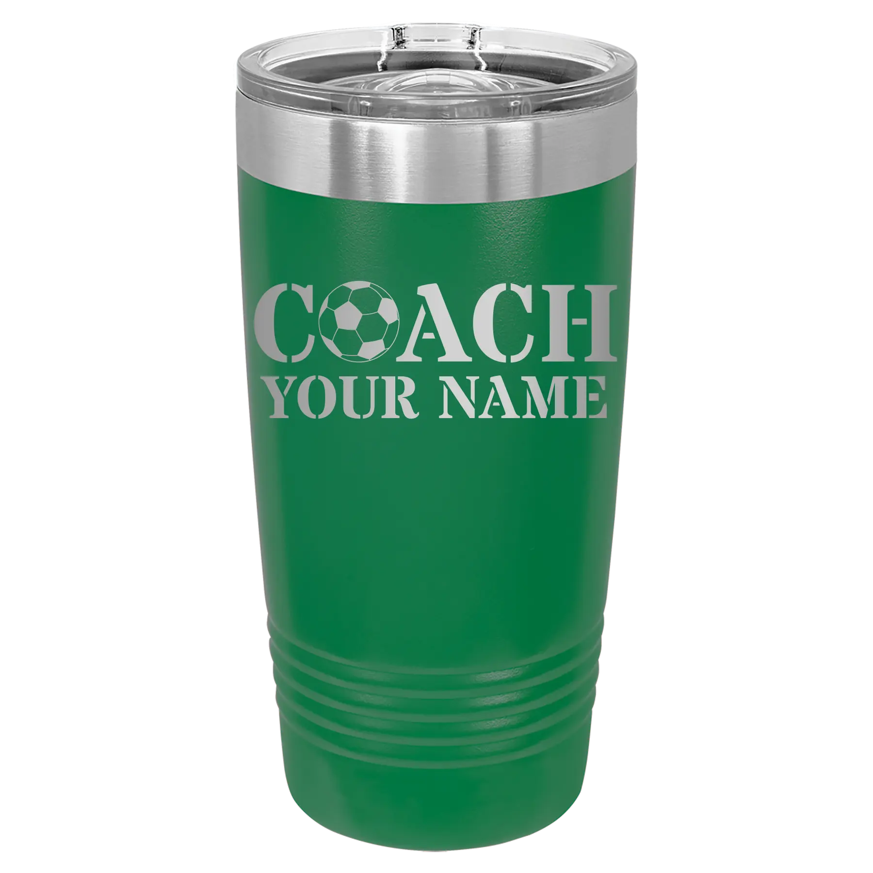 Personalized green 20 oz vacuum insulated tumbler with 'Soccer Coach' design