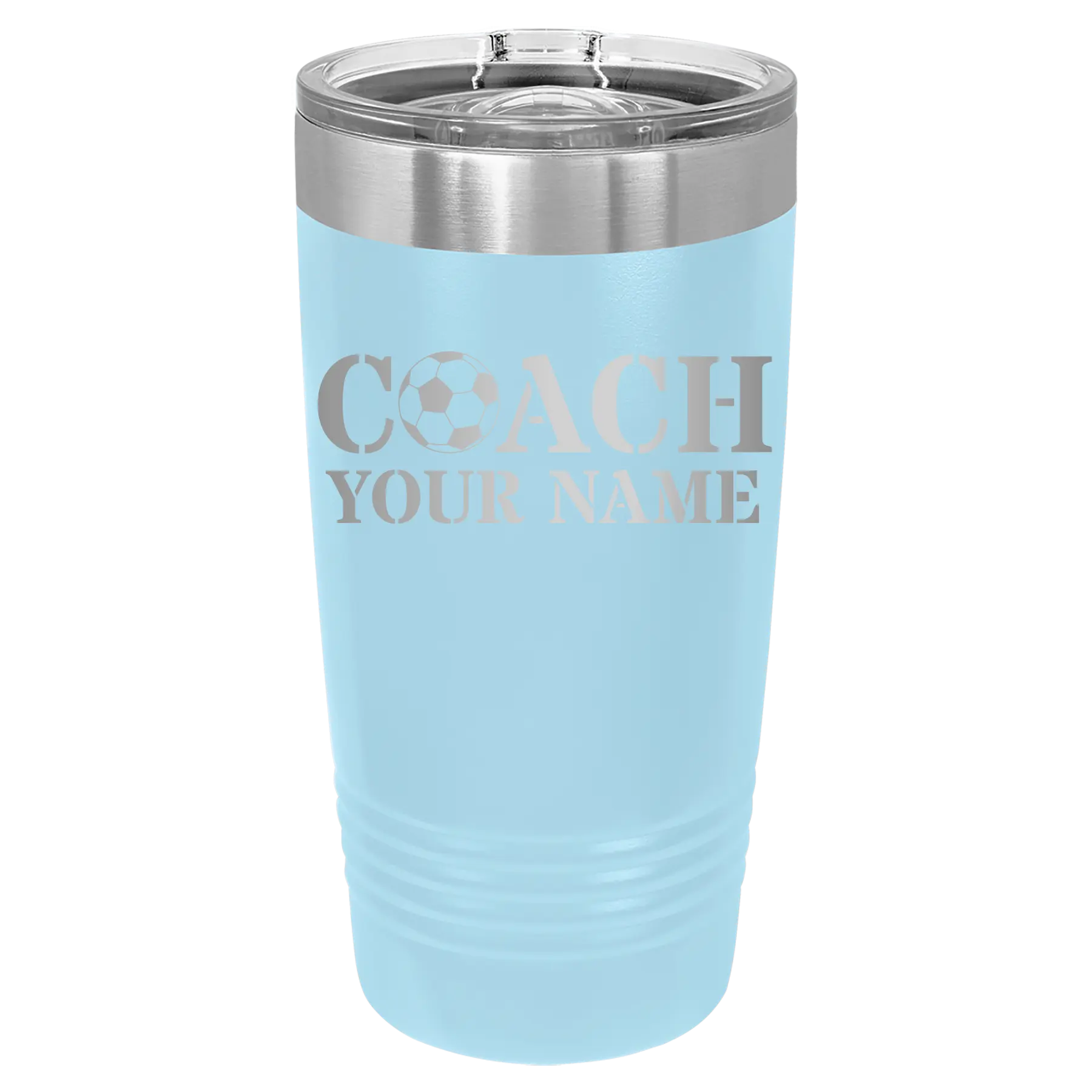 Personalized light blue 20 oz vacuum insulated tumbler with 'Soccer Coach' design