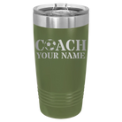 Personalized olive green 20 oz vacuum insulated tumbler with 'Soccer Coach' design