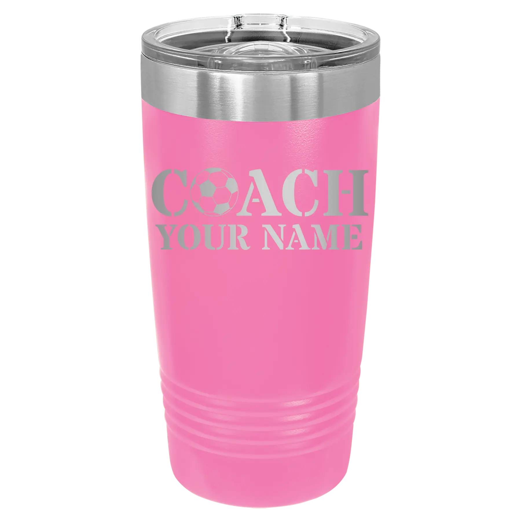 Personalized pink 20 oz vacuum insulated tumbler with 'Soccer Coach' design