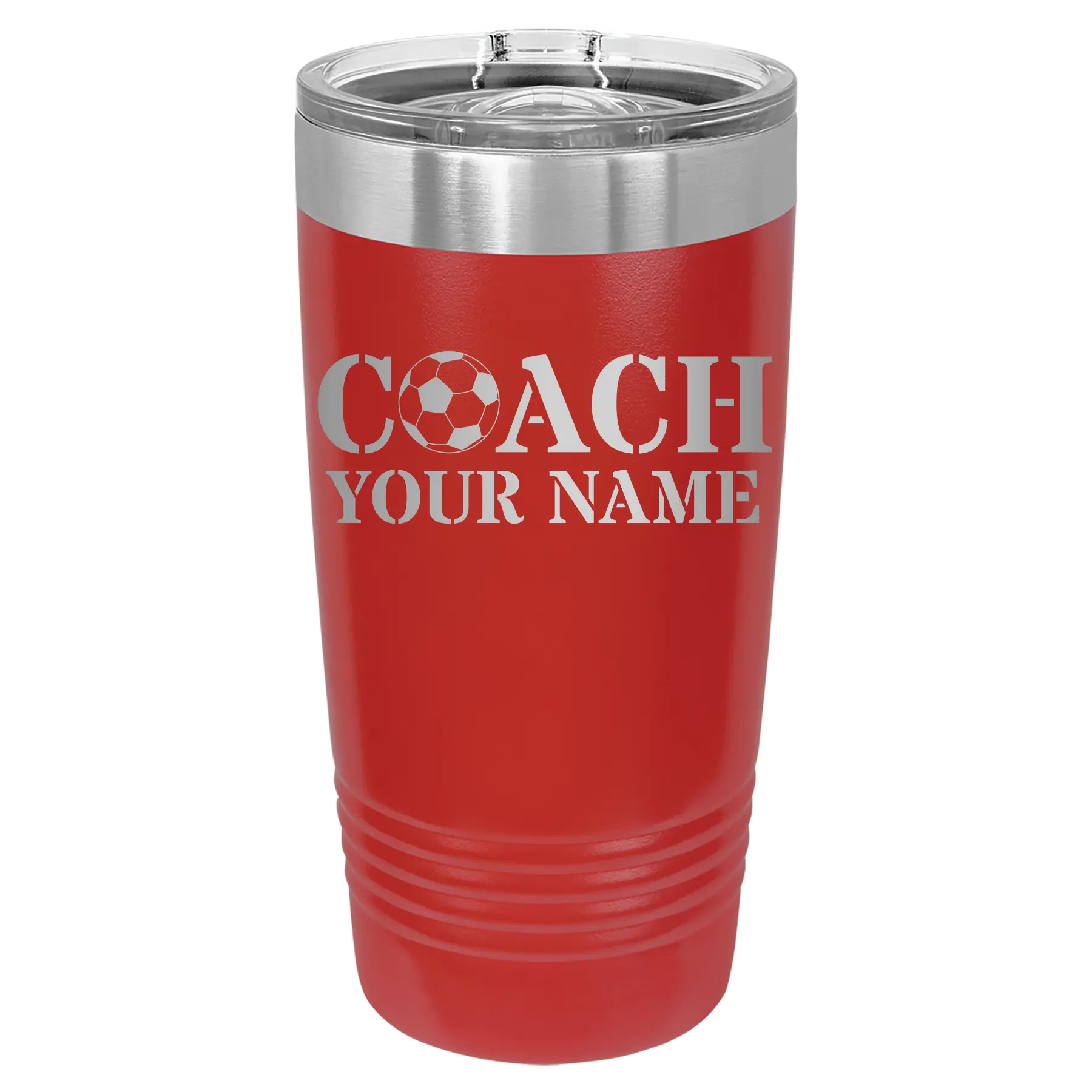 Personalized red 20 oz vacuum insulated tumbler with 'Soccer Coach' design