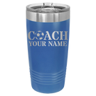 Personalized royal blue 20 oz vacuum insulated tumbler with 'Soccer Coach' design