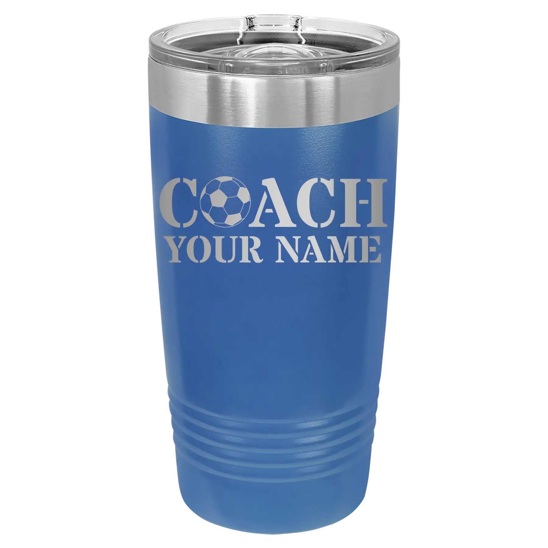 Personalized royal blue 20 oz vacuum insulated tumbler with 'Soccer Coach' design