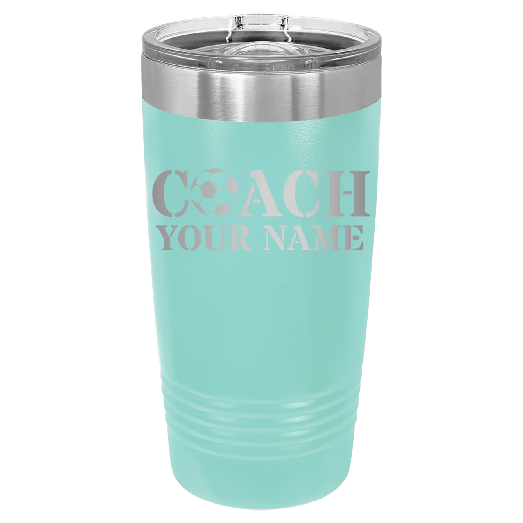 Personalized teal 20 oz vacuum insulated tumbler with 'Soccer Coach' design