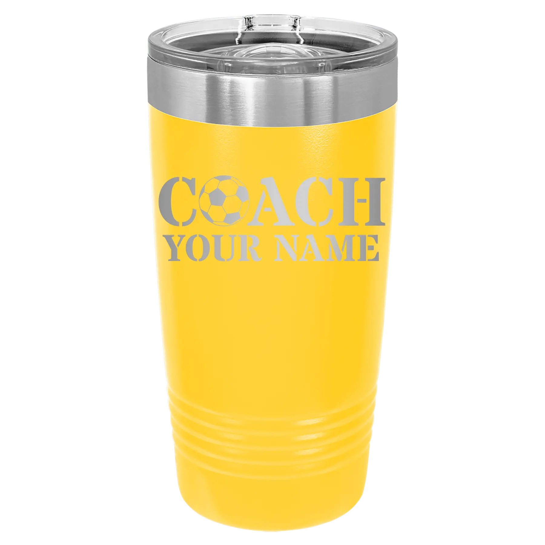 Personalized yellow 20 oz vacuum insulated tumbler with 'Soccer Coach' design