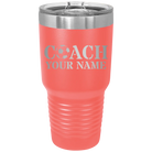 Personalized coral 30 oz vacuum insulated tumbler with 'Soccer Coach' design