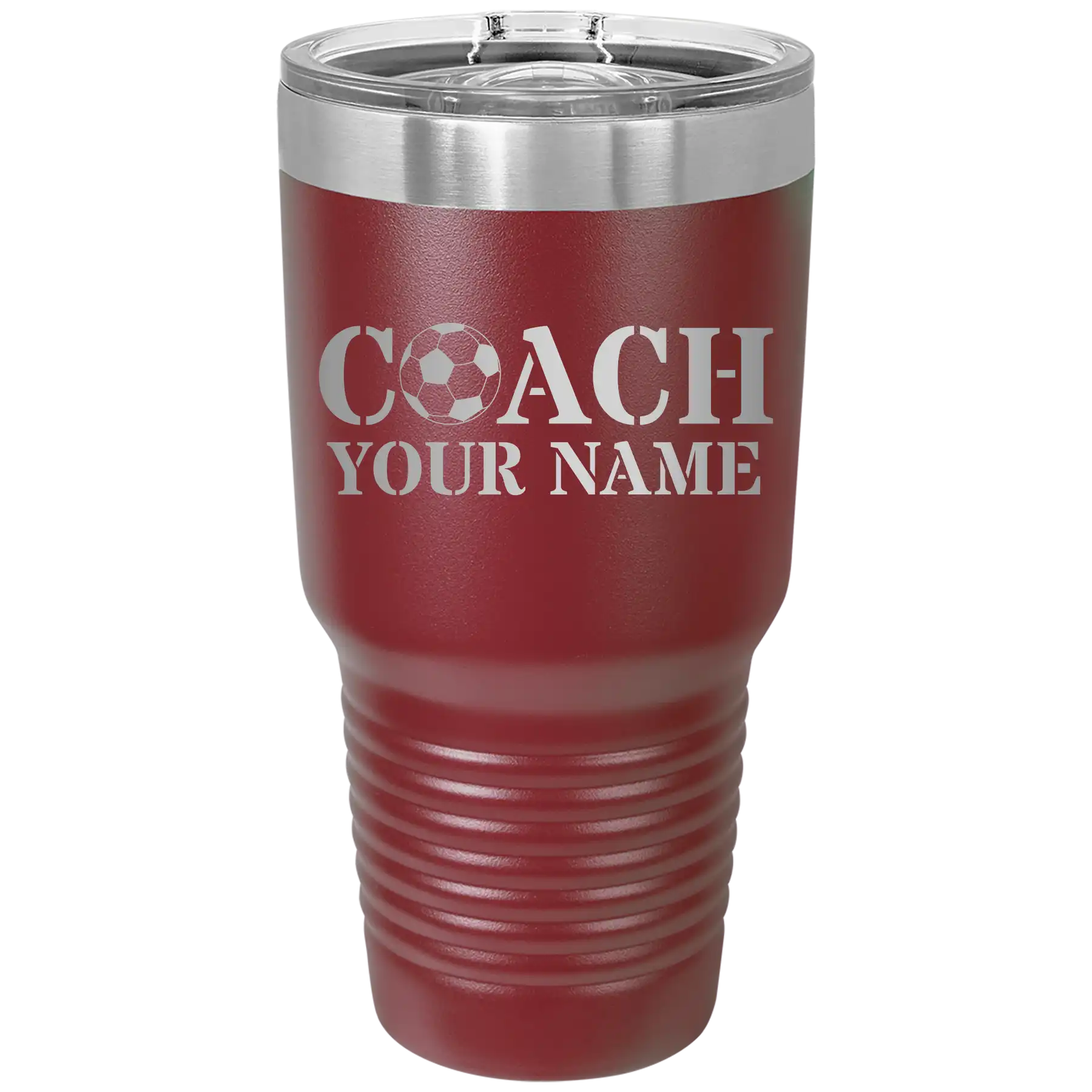 Personalized maroon 30 oz vacuum insulated tumbler with 'Soccer Coach' design