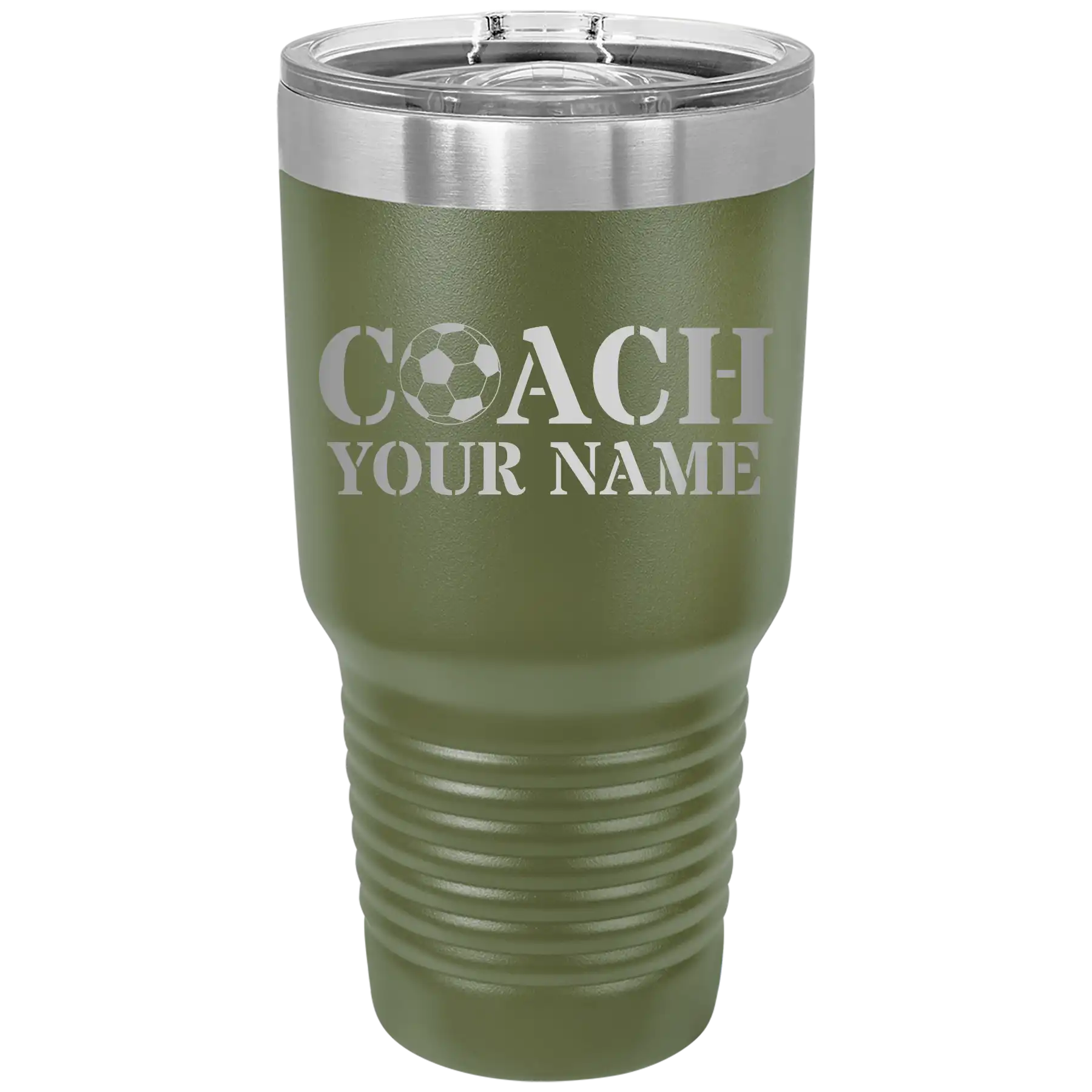 Personalized olive green 30 oz vacuum insulated tumbler with 'Soccer Coach' design