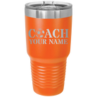 Personalized orange 30 oz vacuum insulated tumbler with 'Soccer Coach' design