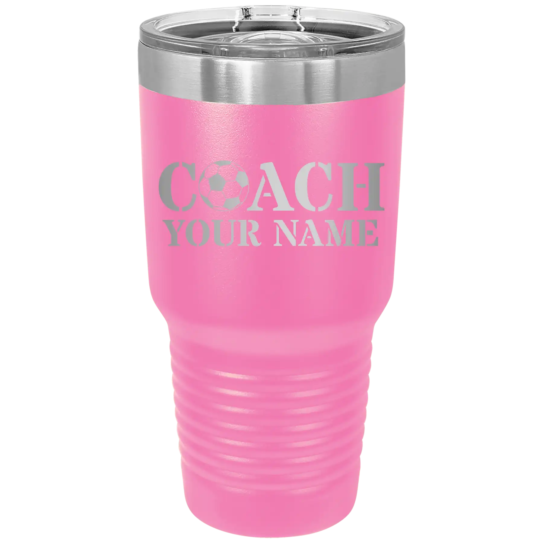 Personalized pink 30 oz vacuum insulated tumbler with 'Soccer Coach' design