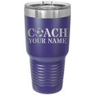 Personalized purple 30 oz vacuum insulated tumbler with 'Soccer Coach' design