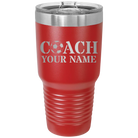 Personalized red 30 oz vacuum insulated tumbler with 'Soccer Coach' design