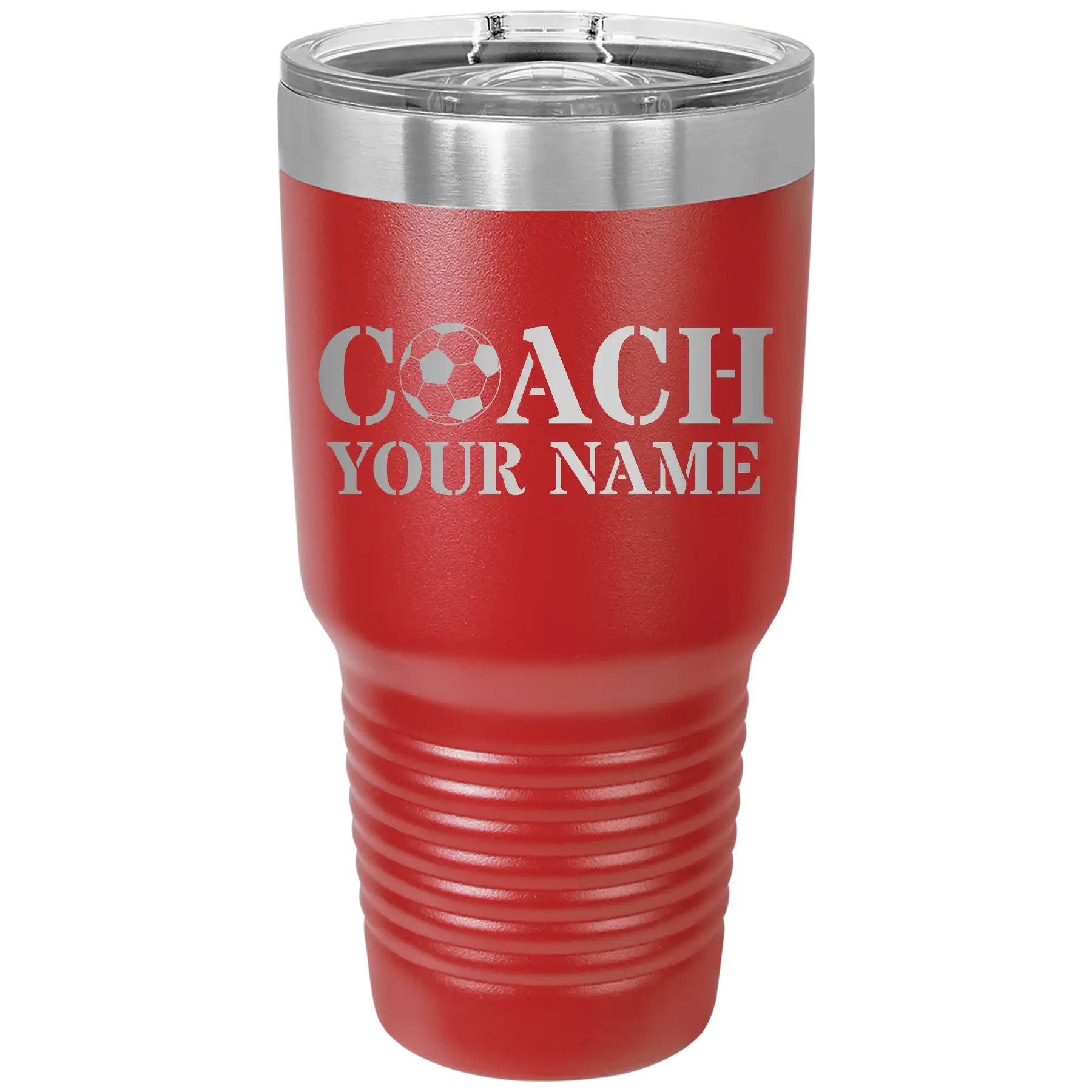 Personalized red 30 oz vacuum insulated tumbler with 'Soccer Coach' design