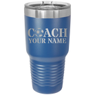 Personalized royal blue 30 oz vacuum insulated tumbler with 'Soccer Coach' design