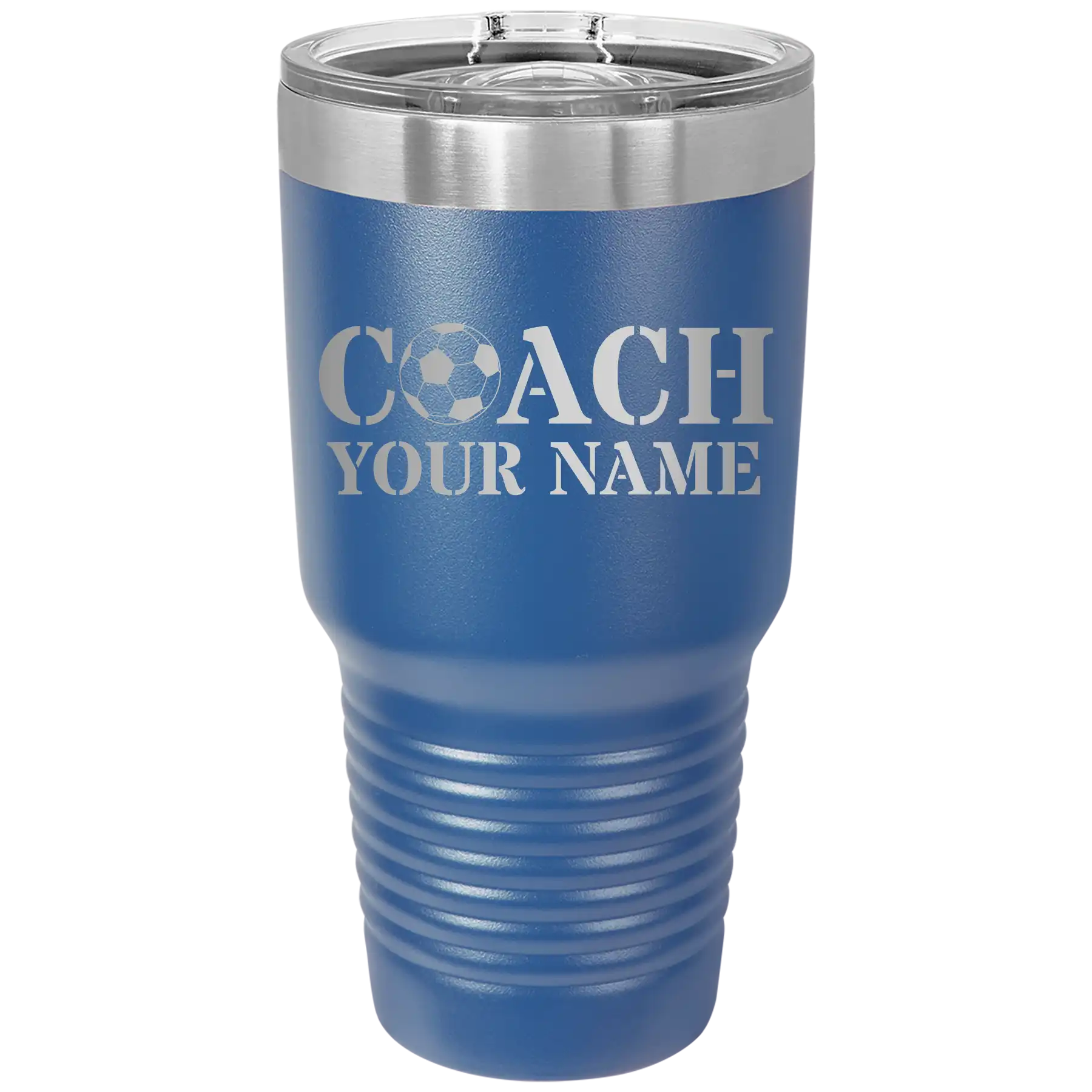 Personalized royal blue 30 oz vacuum insulated tumbler with 'Soccer Coach' design