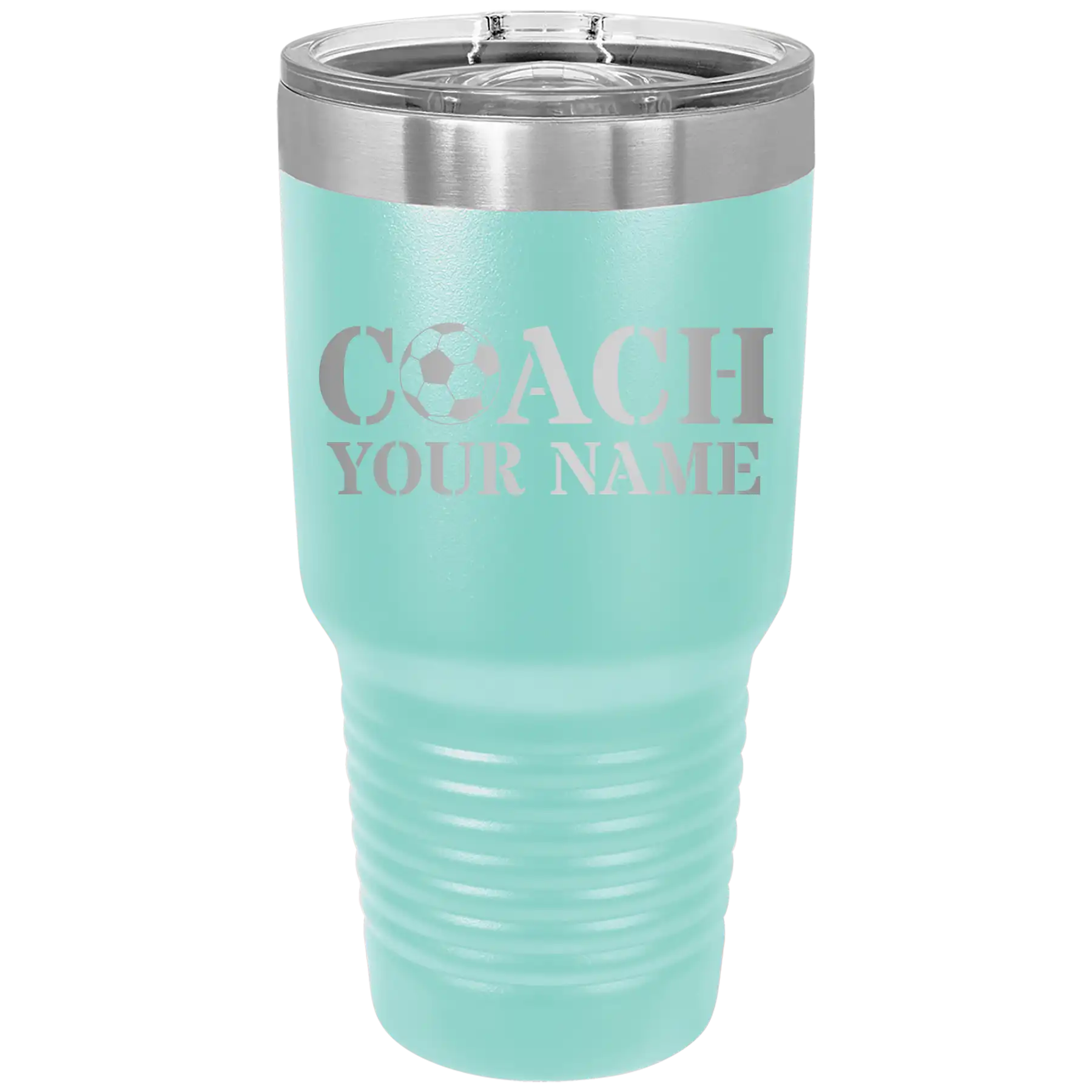 Personalized teal 30 oz vacuum insulated tumbler with 'Soccer Coach' design