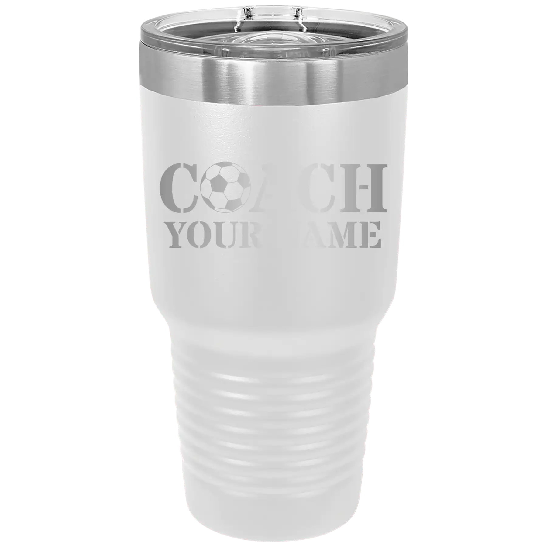 Personalized white 30 oz vacuum insulated tumbler with 'Soccer Coach' design