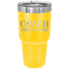 Personalized yellow 30 oz vacuum insulated tumbler with 'Soccer Coach' design