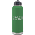 Personalized green 32 oz vacuum insulated water bottle with 'Soccer Coach' design