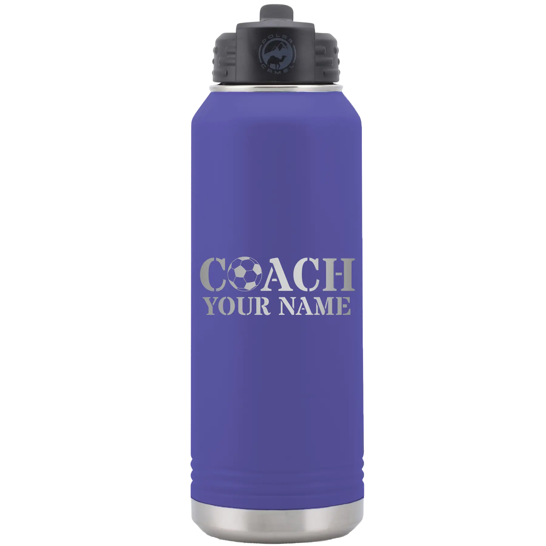 Personalized purple 32 oz vacuum insulated water bottle with 'Soccer Coach' design