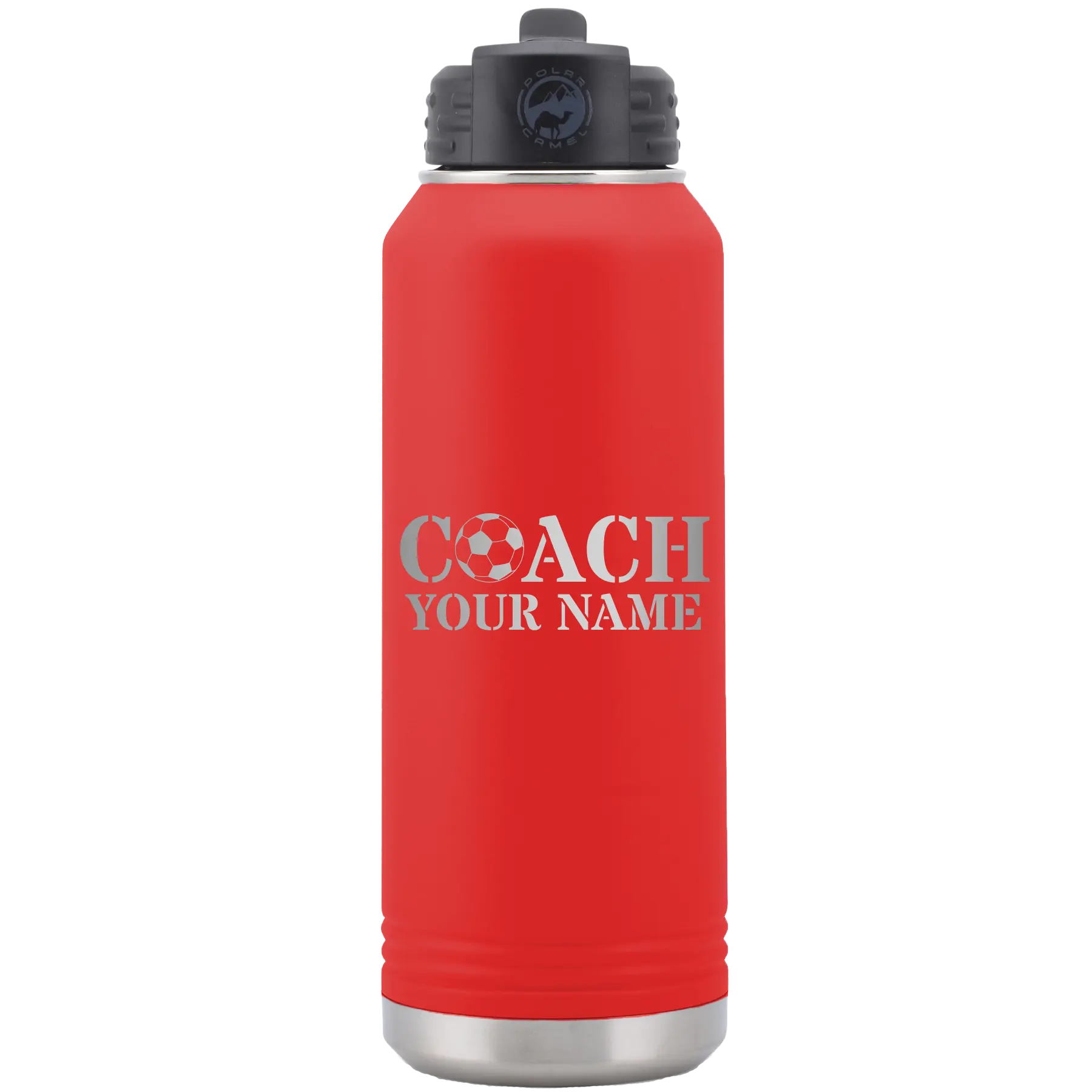 Personalized red 32 oz vacuum insulated water bottle with 'Soccer Coach' design