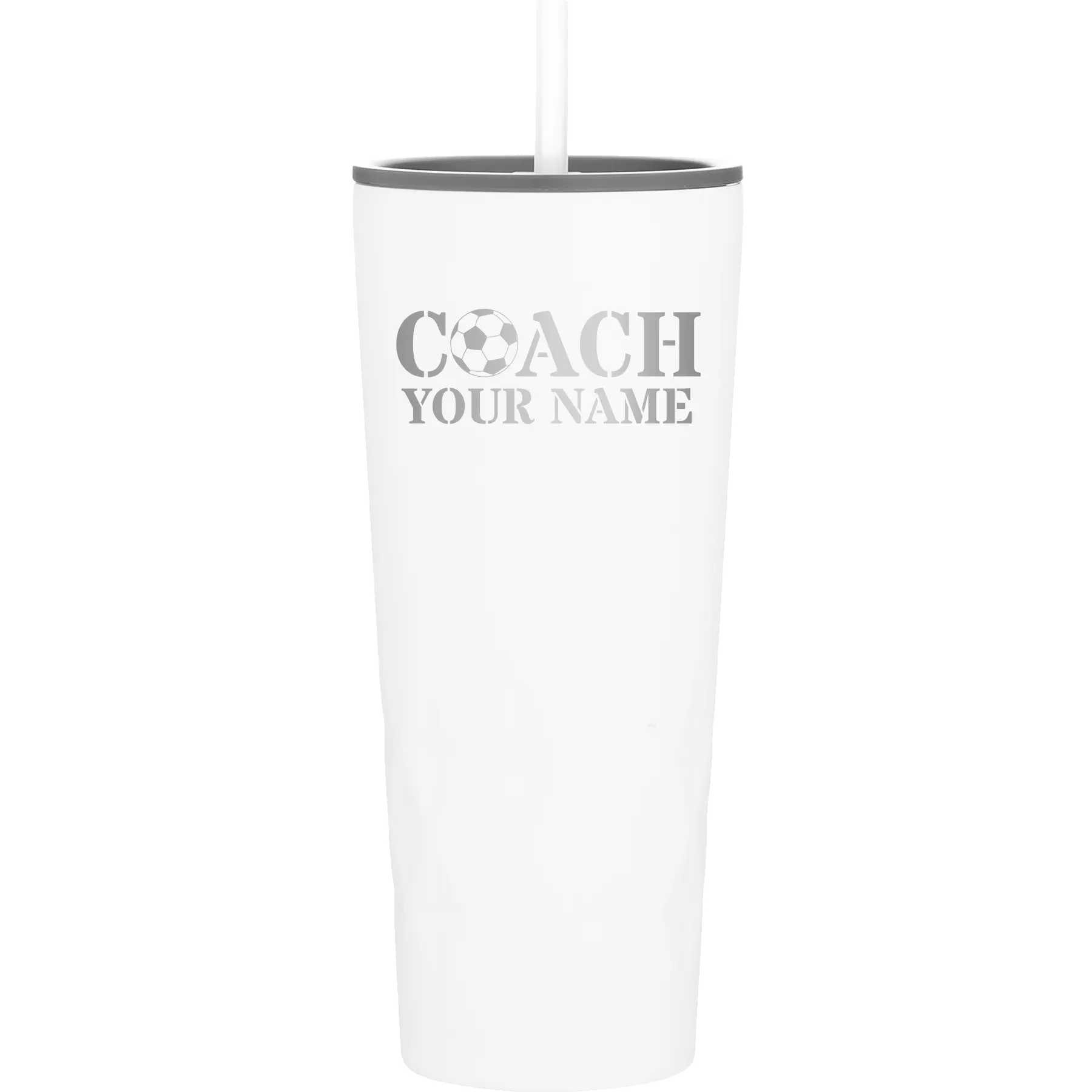 Personalized white 20 oz vacuum insulated tumbler with 'Soccer Coach' design