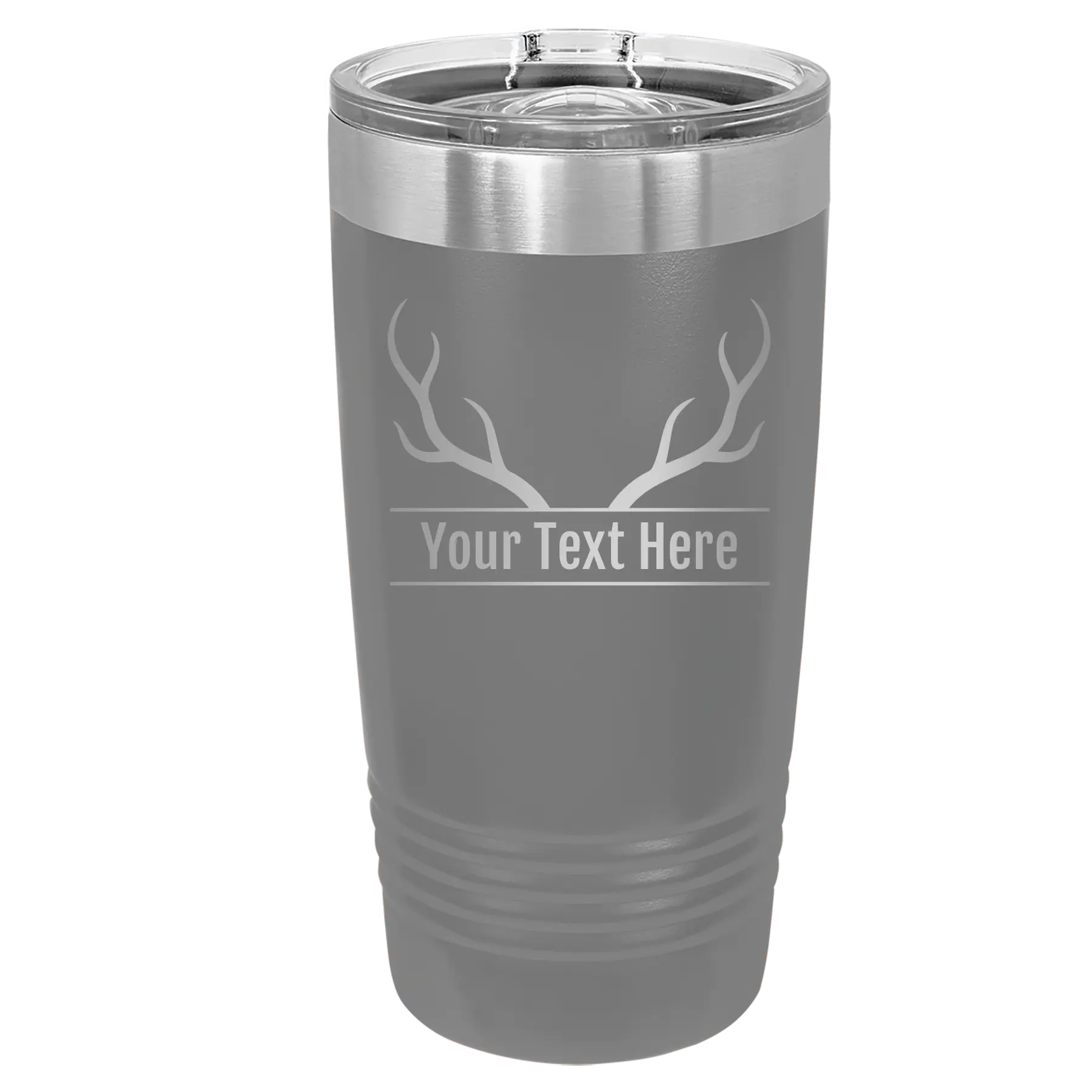 Personalized dark gray 20 oz vacuum insulated tumbler with 'Antler' design