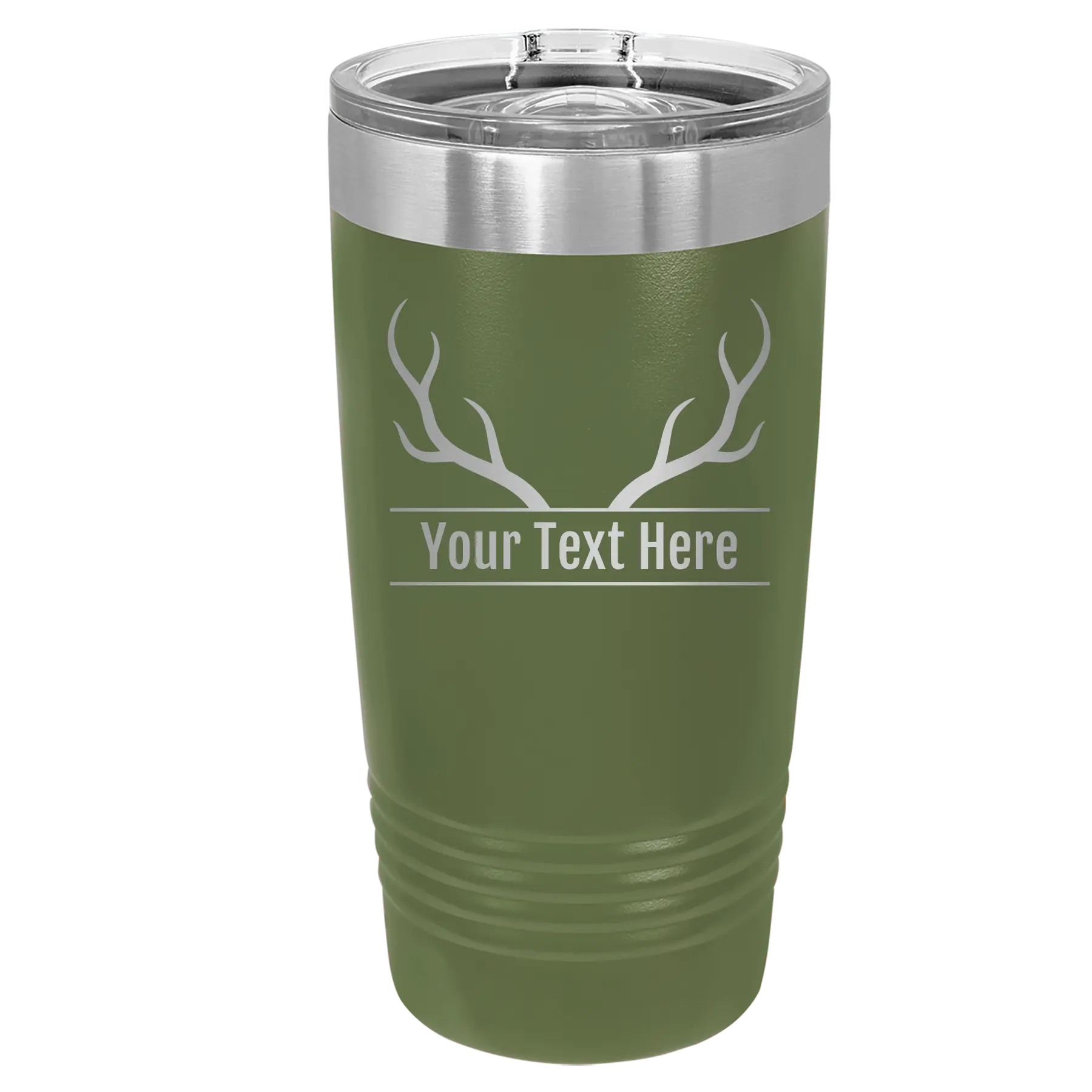 Personalized olive green 20 oz vacuum insulated tumbler with 'Antler' design
