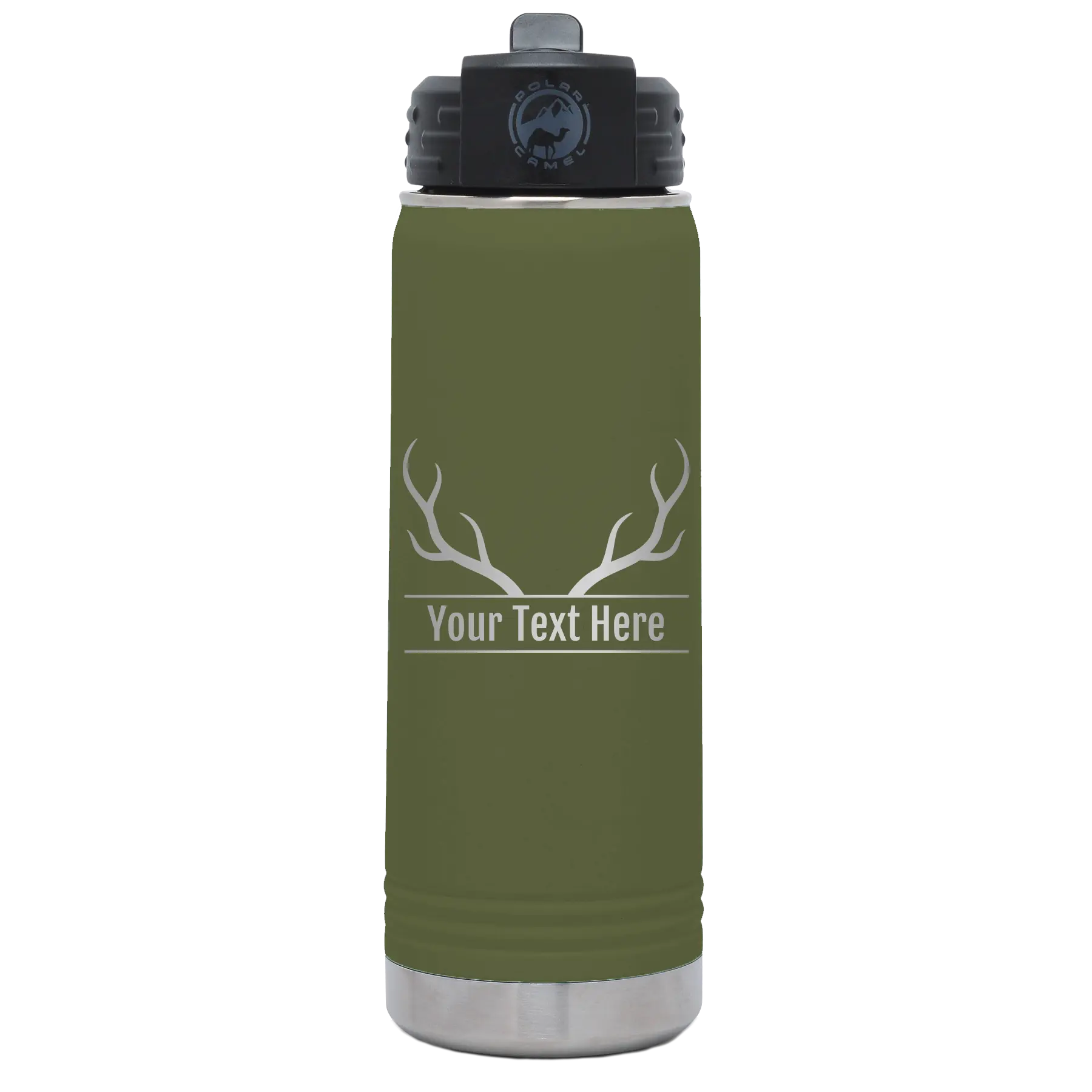 Personalized olive green 20 oz vacuum insulated water bottle with 'Antler' design