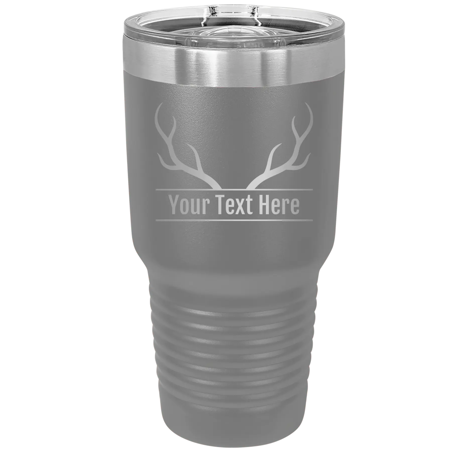 Personalized dark gray 30 oz vacuum insulated tumbler with 'Antler' design