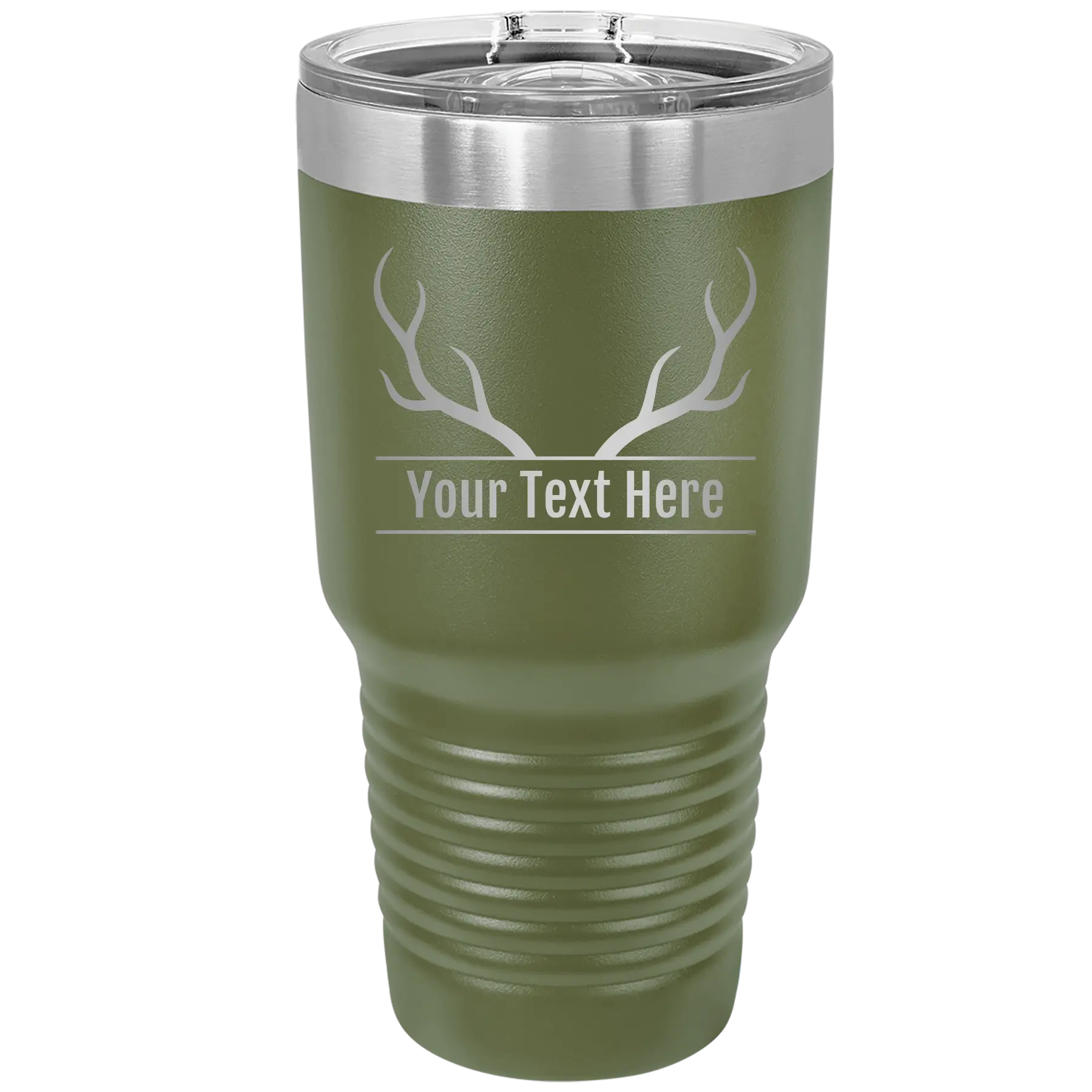 Personalized olive green 30 oz vacuum insulated tumbler with 'Antler' design