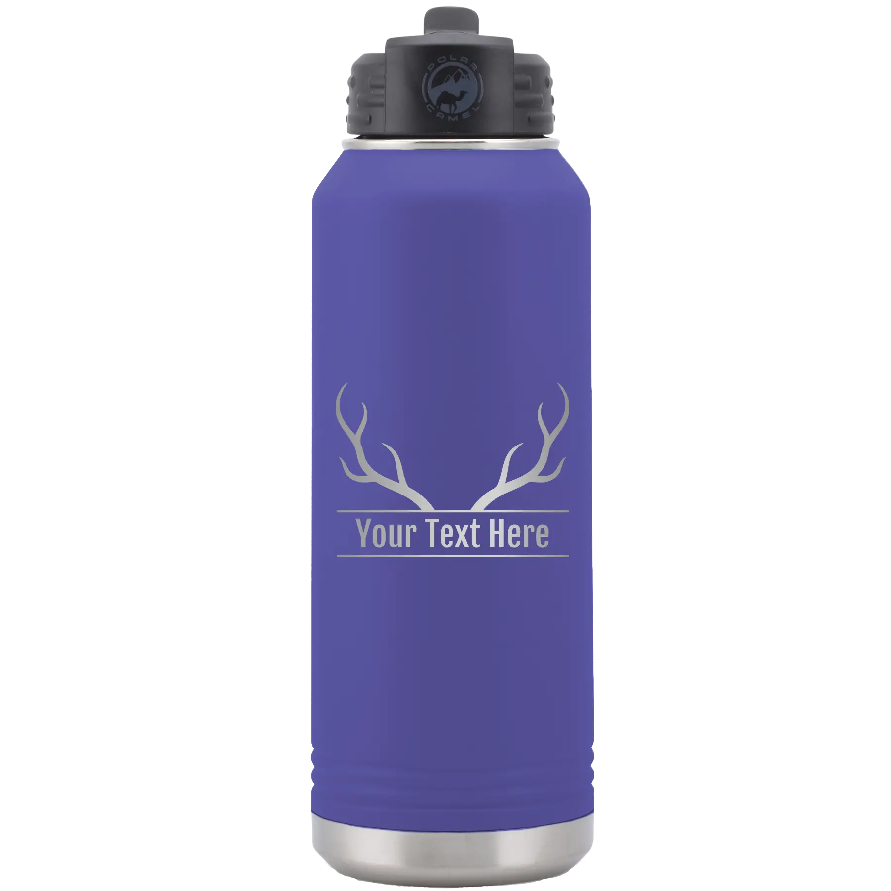 Personalized purple 32 oz vacuum insulated water bottle with 'Antler' design