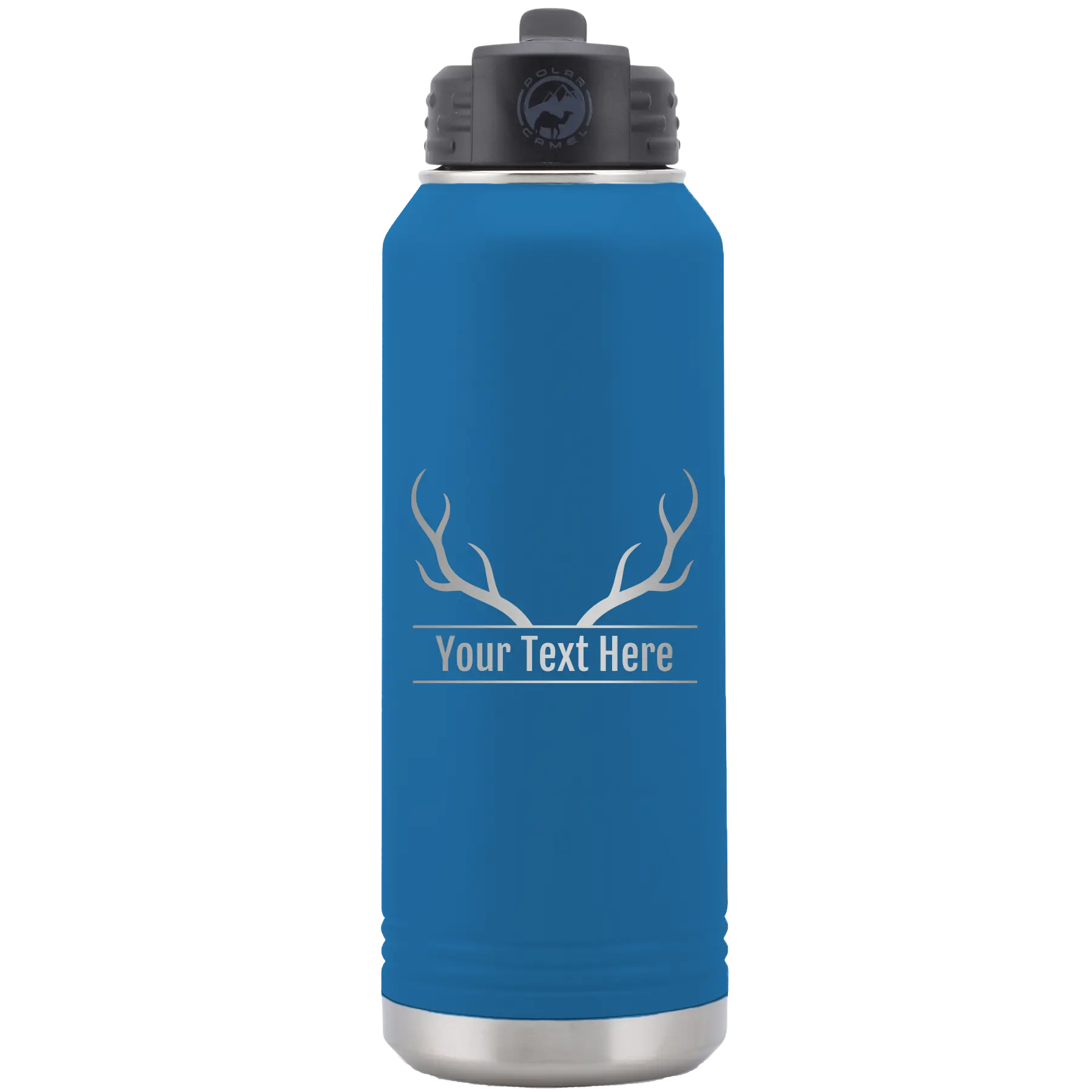 Personalized royal blue 32 oz vacuum insulated water bottle with 'Antler' design