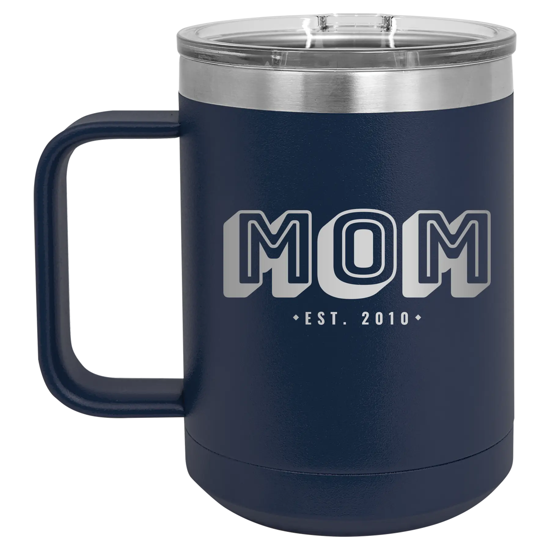 Personalized navy 15 oz vacuum insulated coffee mug with 'Mom Est' design