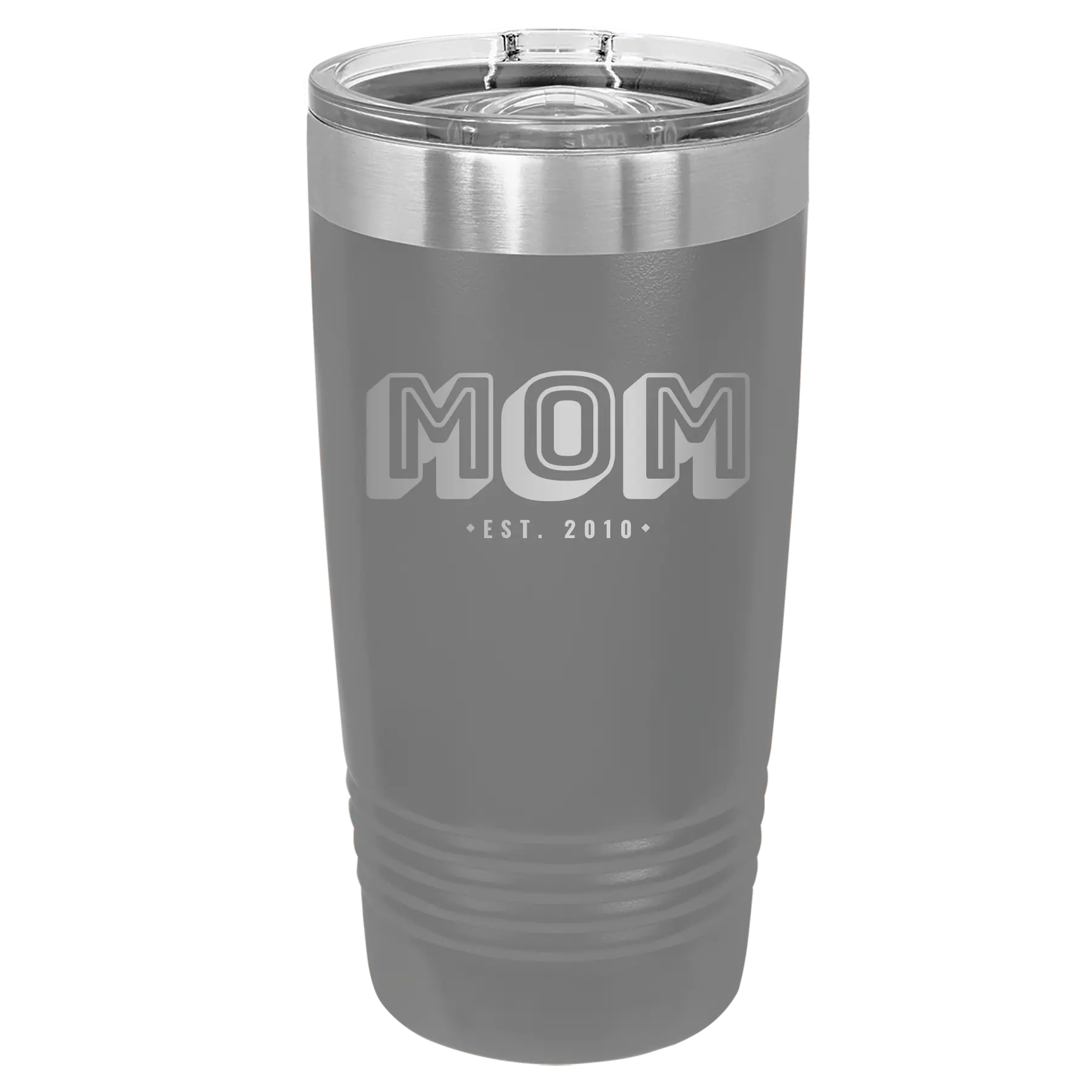 Personalized dark gray 20 oz vacuum insulated tumbler with 'Mom Est' design
