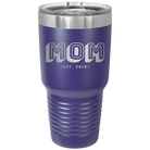 Personalized purple 30 oz vacuum insulated tumbler with 'Mom Est' design