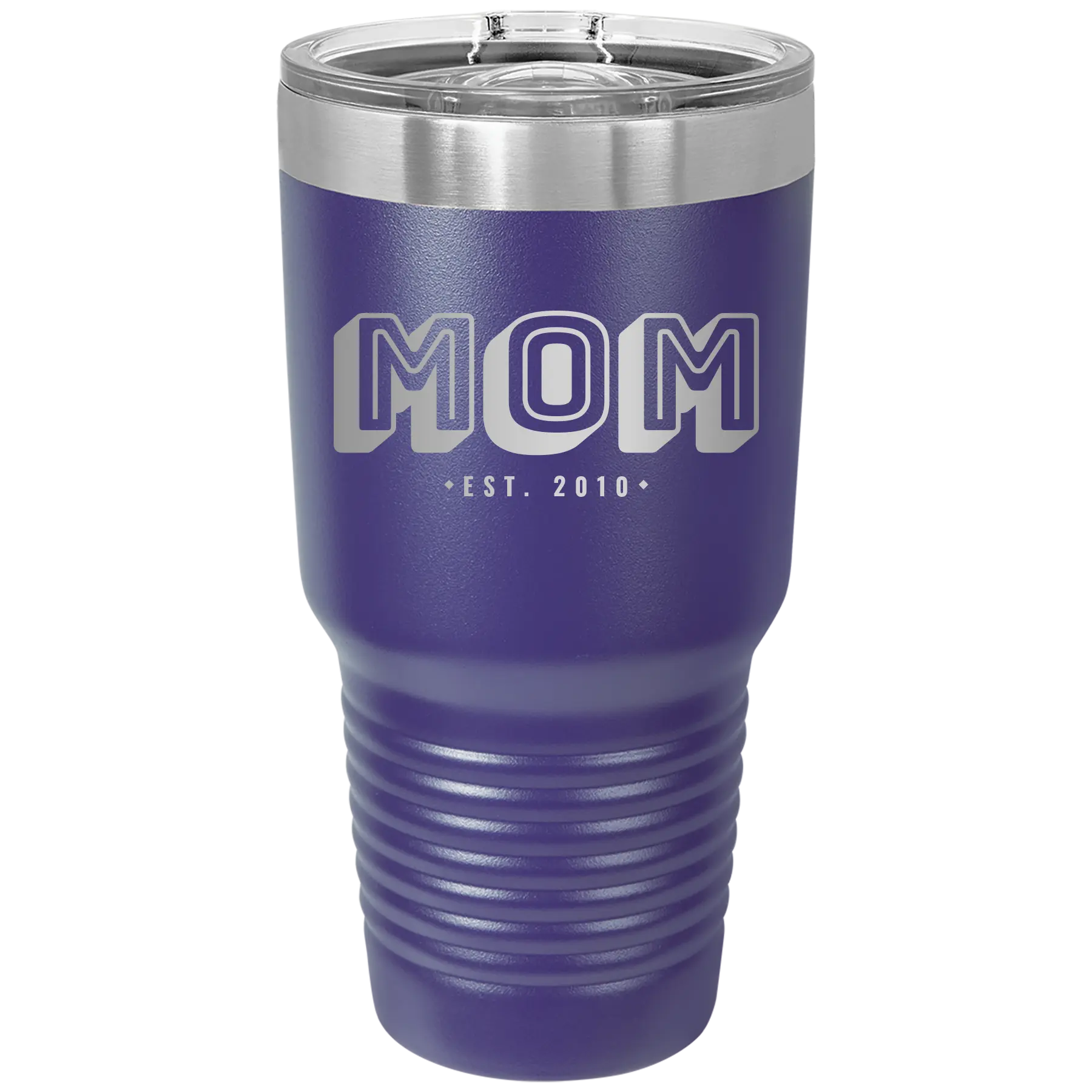 Personalized purple 30 oz vacuum insulated tumbler with 'Mom Est' design
