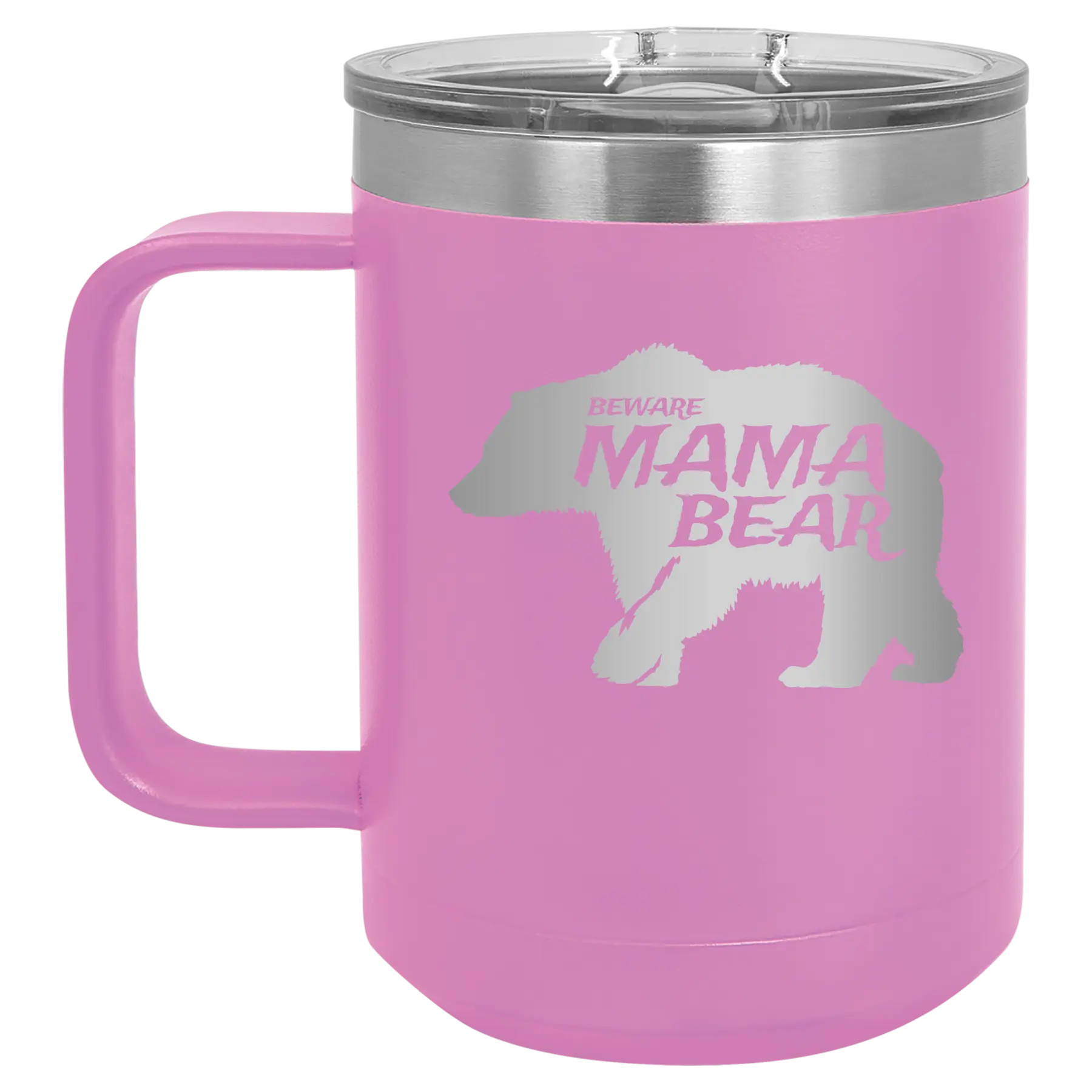 Laser etched light purple 15 oz vacuum insulated coffee mug with 'Beware Mama Bear' design