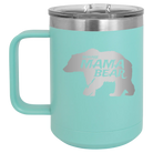 Laser etched teal 15 oz vacuum insulated coffee mug with 'Beware Mama Bear' design