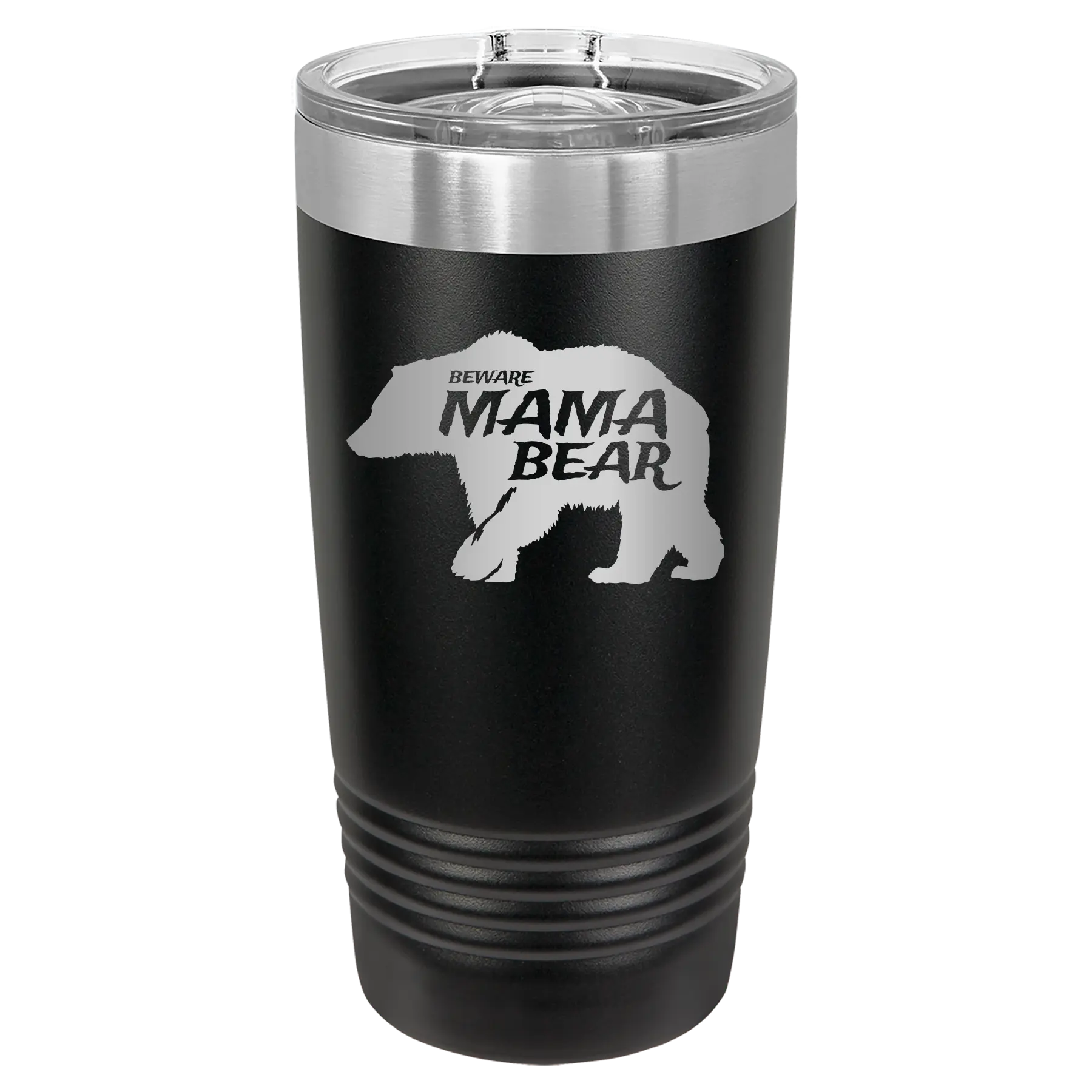 Laser etched black 20 oz vacuum insulated tumbler with 'Beware Mama Bear' design