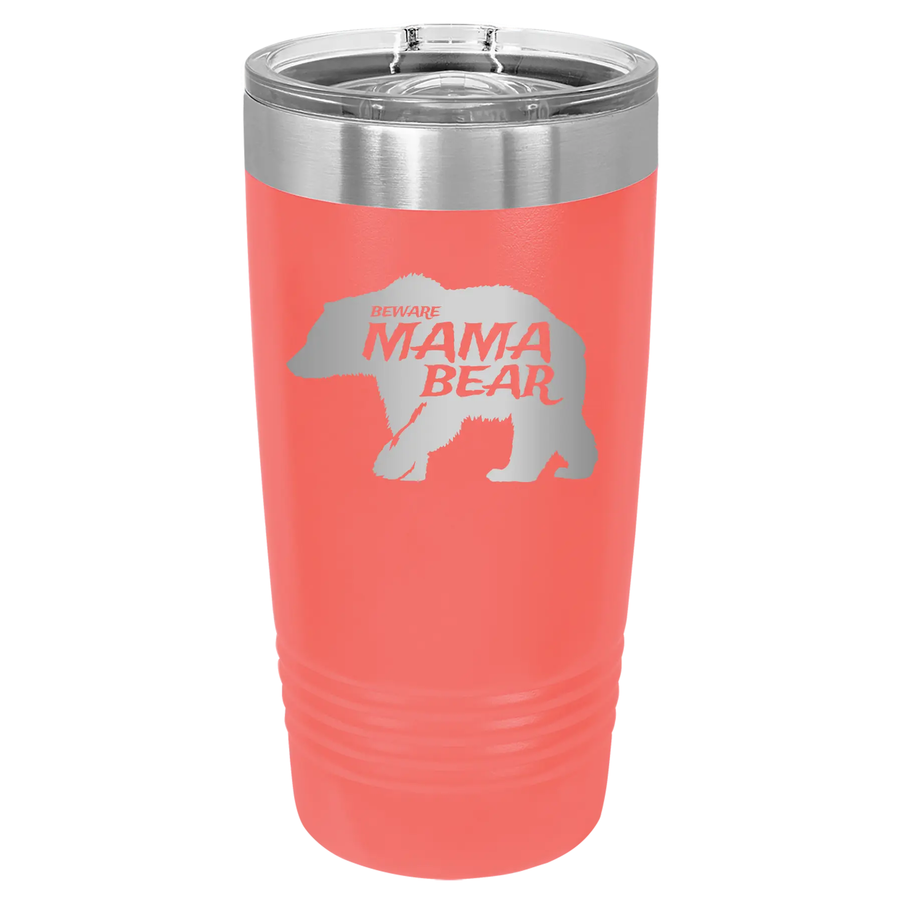 Laser etched coral 20 oz vacuum insulated tumbler with 'Beware Mama Bear' design