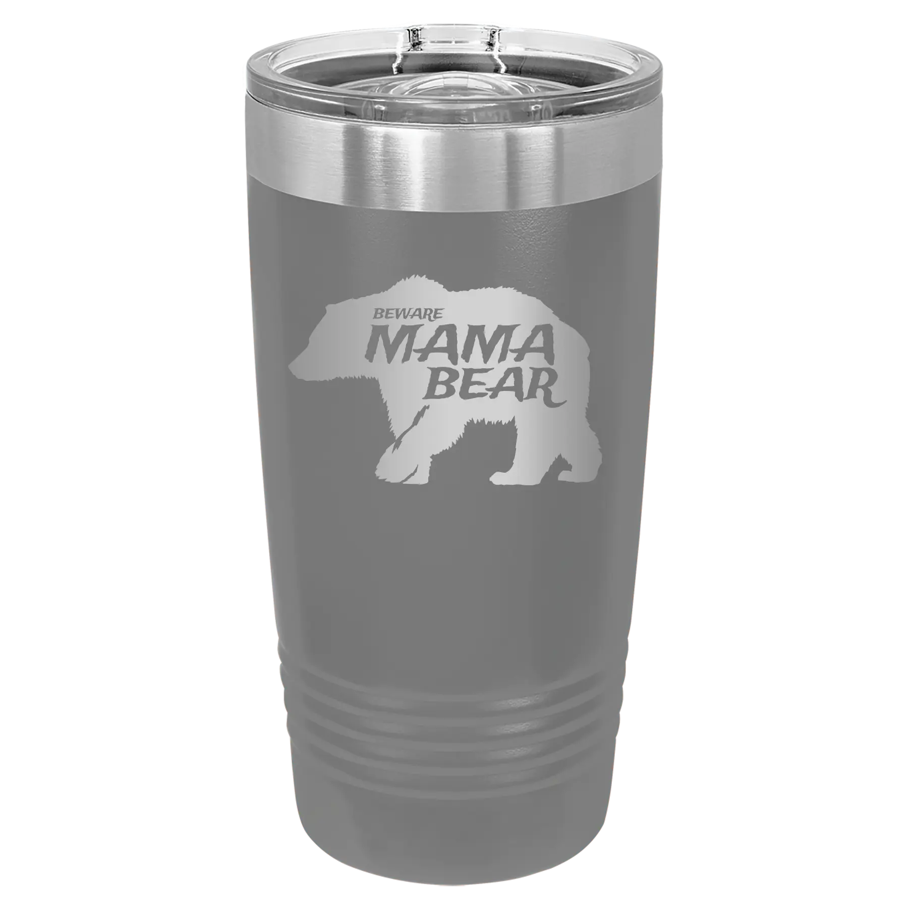 Laser etched dark gray 20 oz vacuum insulated tumbler with 'Beware Mama Bear' design